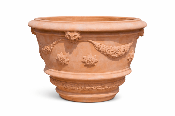 Reich verzierter, runder Terracottatopf aus Impruneta